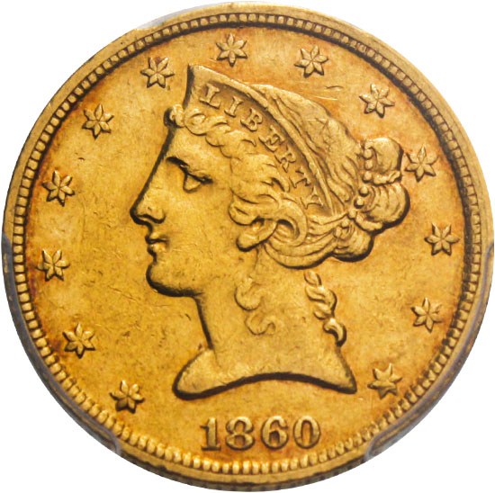image for: 1860-C $5 PCGS/CAC AU50 - Popular Charlotte Mint Gold