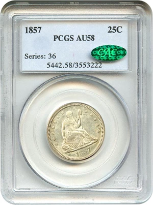 image for: 1857 25c PCGS/CAC AU58 (Smoking Liberty) Interesting Variety