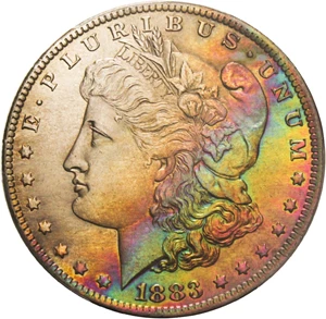 image for: 1883-O $1 PCGS Genuine UNC Details, Quest. Color - Colorful Toning