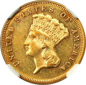 image for: 1870 $3 NGC/CAC AU58 - Low Mintage Princess Gold