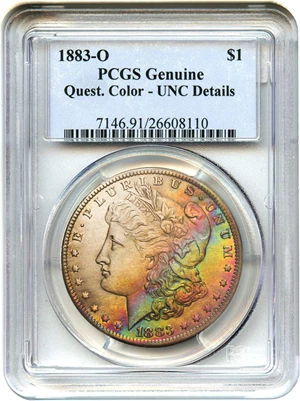 image for: 1883-O $1 PCGS Genuine UNC Details, Quest. Color - Colorful Toning