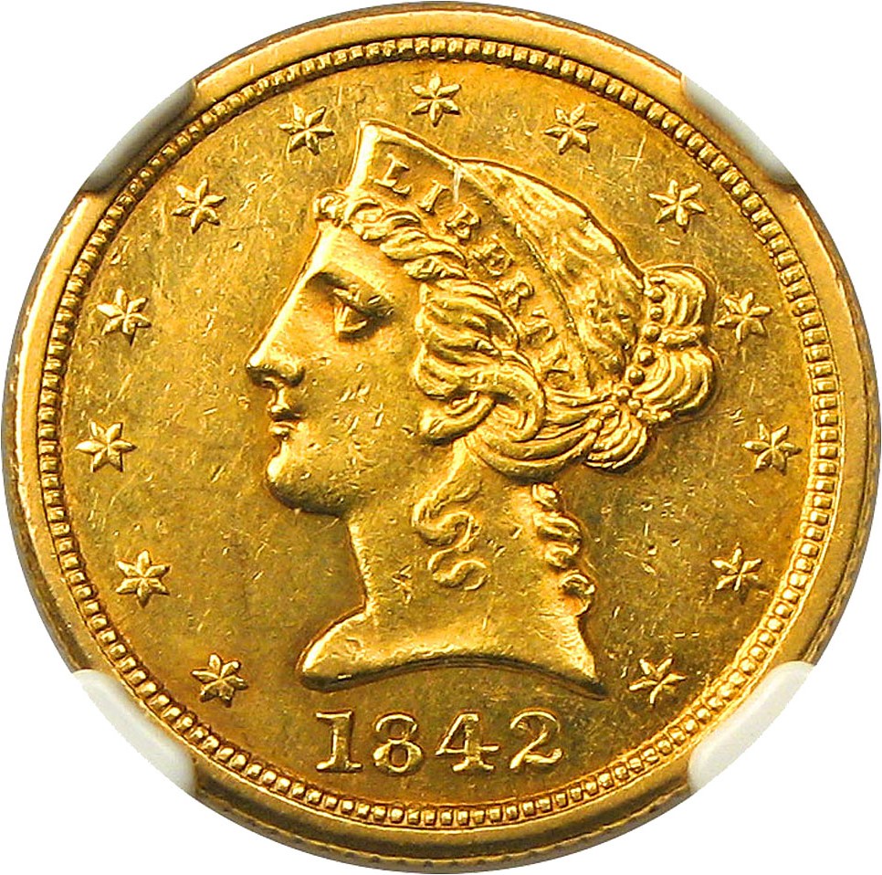 image for: 1842-C $5 NGC MS61 (Large Date) Rare Charlotte Gold