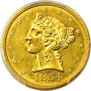image for: 1854-O $5 PCGS MS61 - Rare, Low Mintage New Orleans Half Eagle