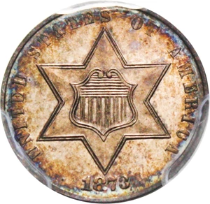 image for: 1873 3cS PCGS/CAC Proof 65 - Colorful Toning, Scarce Proof-Only Issue