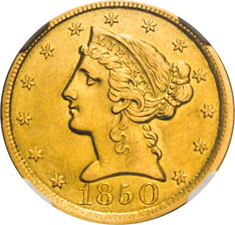 image for: 1850-C $5 NGC AU55 - Scarce Charlotte Gold