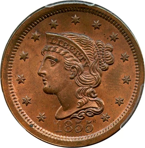 image for: 1855 1c PCGS/CAC MS65 RB (Upright 55) - No Reserve!