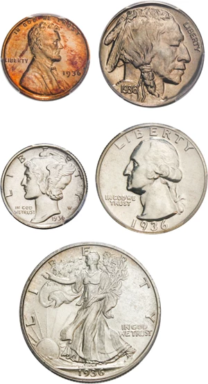 image for: 1936 Proof Set 1c-50c PCGS/CAC Proof 63-66 (5 Coins) Scarce First Year Proof Set