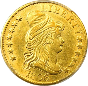image for: 1806 $5 PCGS AU58 (Round 6, 7X6 Stars) Scarce Early Gold