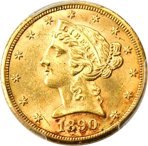 image for: 1890-CC $5 PCGS MS63 - Lovely Carson City Half Eagle
