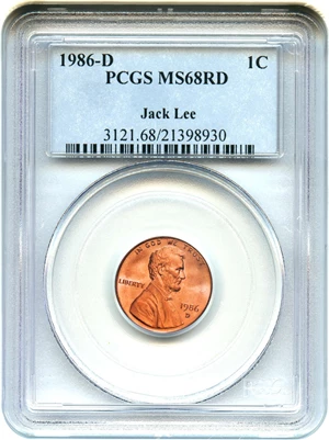 image for: 1986-D 1c PCGS MS68 RD ex: Jack Lee Collection