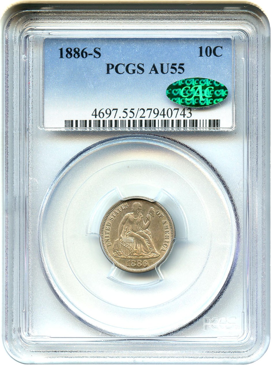 image for: 1886-S 10c PCGS/CAC AU55 - Scarce Date