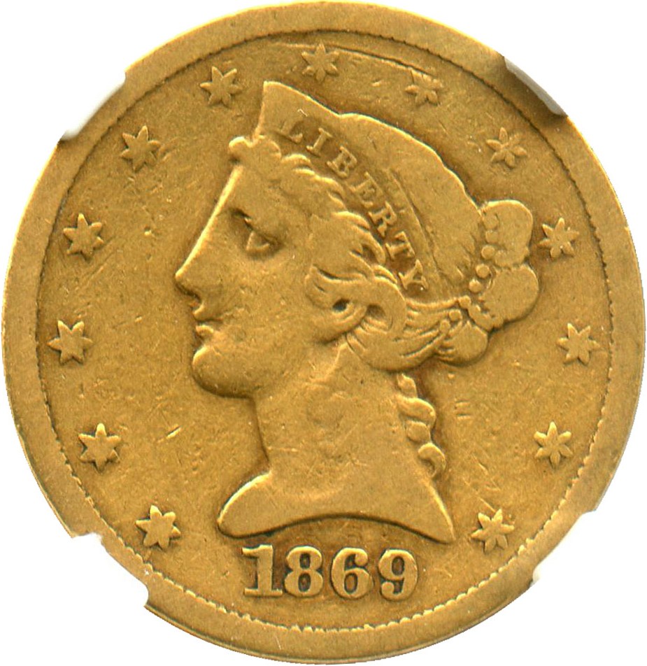 image for: 1869-S $5 NGC/CAC VG-10 - Affordable Scarce S-Mint Gold