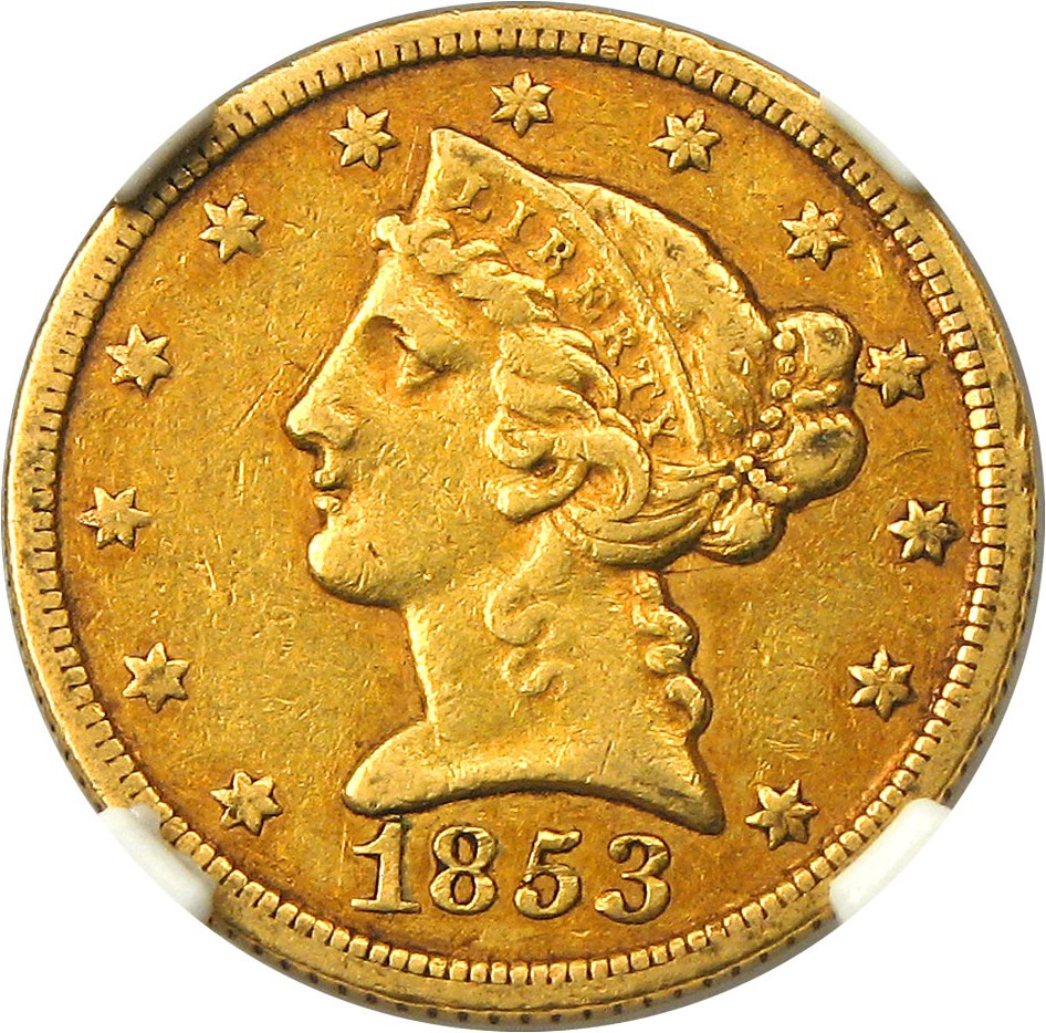 image for: 1853-C $5 NGC/CAC XF45 - Popular Charlotte Gold Half Eagle