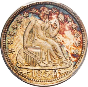 image for: 1854 10c PCGS MS64 (Arrows) Colorful Toning, Prooflike Surfaces - No Reserve!