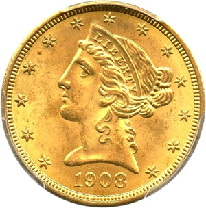 image for: 1908 Liberty $5 PCGS/CAC MS65+