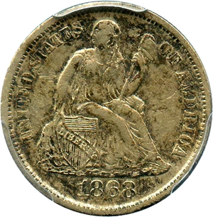 image for: 1868-S 10c PCGS XF45 - Scarce Date