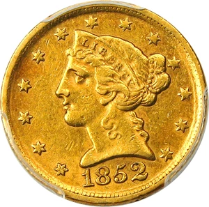 image for: 1852-D $5 PCGS/CAC AU53 - Scarce Dahlonega Gold Half Eagle