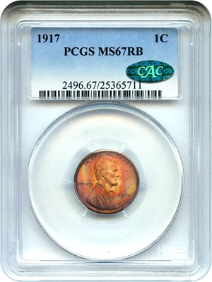 image for: 1917 1c PCGS/CAC MS67 RB - Amazing Registry Quality Gem with Colorful Toning