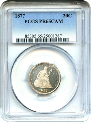 image for: 1877 20c PCGS Proof 65 CAM - Rare Gem Proof Only Issue, One of the Finest Known