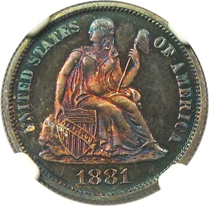 image for: 1881 10c NGC/CAC Proof 65 - Colorful Toning