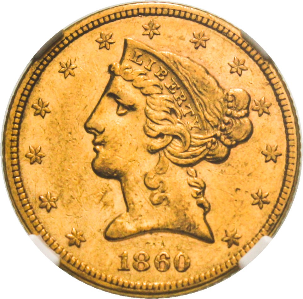 image for: 1860 $5 NGC AU55 - Low Mintage Date