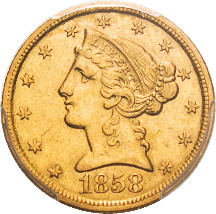 image for: 1858-C $5 PCGS XF45 - Desirable Charlotte Gold Coin