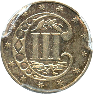 image for: 1868 3cS PCGS Genuine AU Details, Cleaning - Very Low Mintage Issue