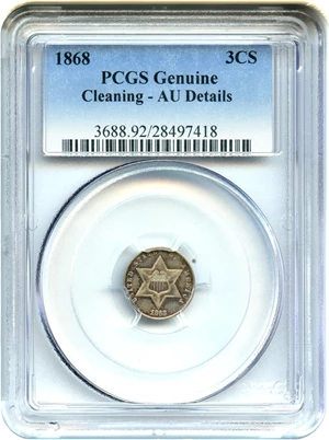 image for: 1868 3cS PCGS Genuine AU Details, Cleaning - Very Low Mintage Issue
