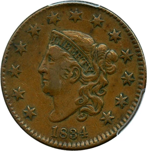 image for: 1834 1c PCGS XF40 (Small 8, Large Stars, Medium Letters)