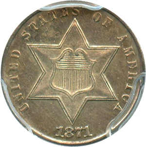 image for: 1871 3cS PCGS Genuine AU Details, Cleaning - Low Mintage Date