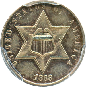 image for: 1868 3cS PCGS Genuine AU Details, Cleaning - Very Low Mintage Issue