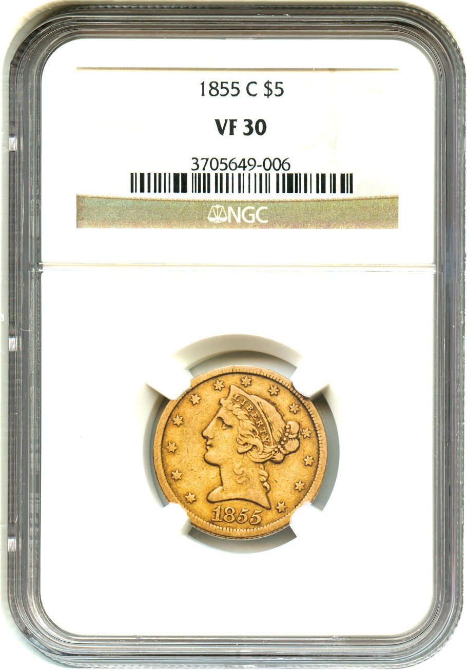 image for: 1855-C $5 NGC VF30 - Affordable Charlotte Gold Half Eagle