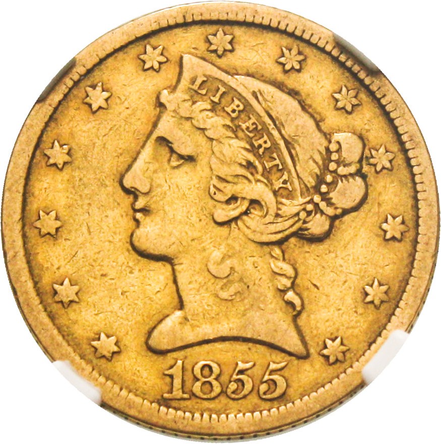 image for: 1855-C $5 NGC VF30 - Affordable Charlotte Gold Half Eagle