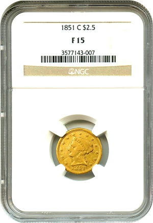 image for: 1851-C $2 1/2 NGC F15 - Affordable Charlotte Mint Gold
