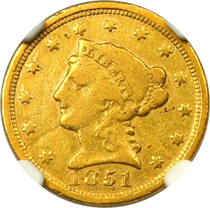 image for: 1851-C $2 1/2 NGC F15 - Affordable Charlotte Mint Gold