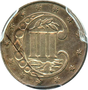 image for: 1871 3cS PCGS Genuine AU Details, Cleaning - Low Mintage Date