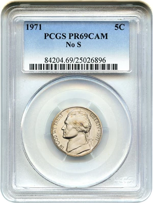 image for: 1971 No S 5c PCGS Proof 69 CAM - Rare Missing Mintmark Error