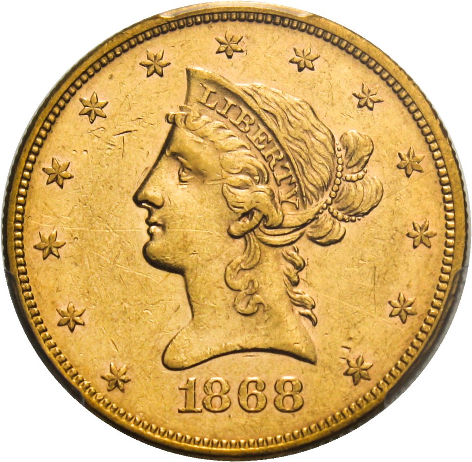 image for: 1868 $10 PCGS AU53 - Low Mintage Gold Eagle