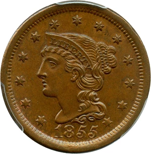 image for: 1855 1c PCGS/CAC MS65 BN (Slanted 55)