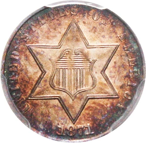 image for: 1871 3cS PCGS/CAC Proof 64 - Colorful Toning