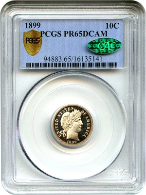 image for: 1899 10c PCGS Secure/CAC Proof 65 DCAM - Desirable Deep Cameo Proof