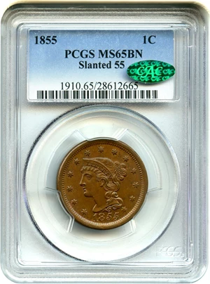 image for: 1855 1c PCGS/CAC MS65 BN (Slanted 55)