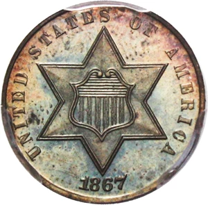 image for: 1867 3cS PCGS Proof 65 - Colorful Toning