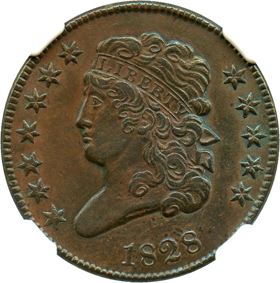 image for: 1828 1/2c NGC AU58 (12 Stars, C-2) Scarce Variety