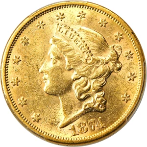 image for: 1874-S $20 PCGS MS61 - Scarce Type 2 Double Eagle in Unc