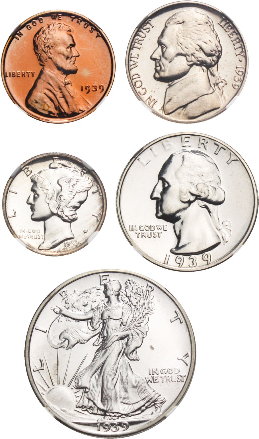 image for: 1939 Proof Set 1c-50c NGC Proof 64-67 (5 Coins, 2 coins CAC)