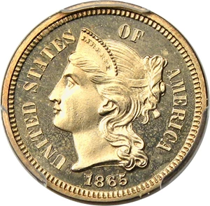 image for: 1865 3cN PCGS Proof 66 CAM - Scarce Gem First Year Proof 3-Cent Nickel