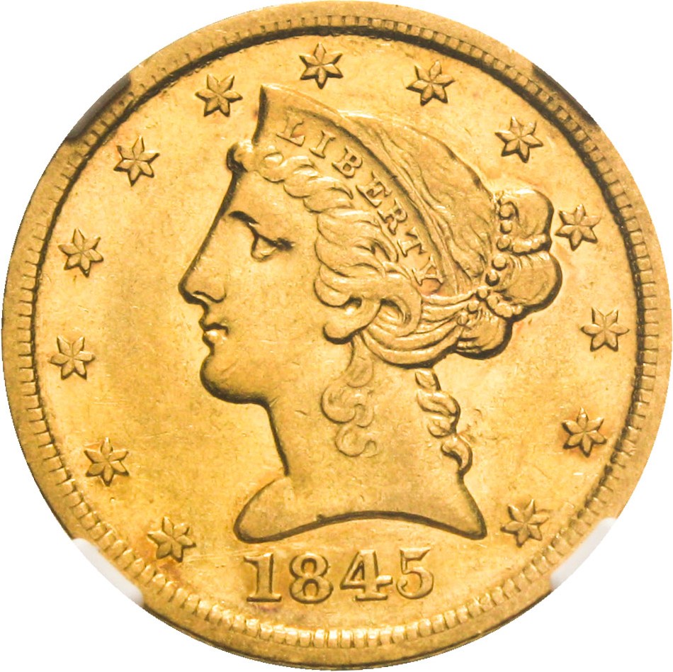 image for: 1845-D $5 NGC AU50 - Popular Dahlonega Mint Issue