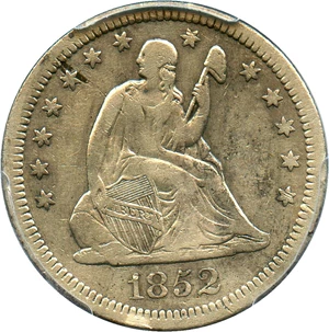 image for: 1852 25c PCGS Genuine VF Details, Cleaning - Scarce Date
