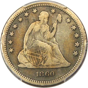 image for: 1860-S 25c PCGS F15 - Rare S-Mint Seated Quarter